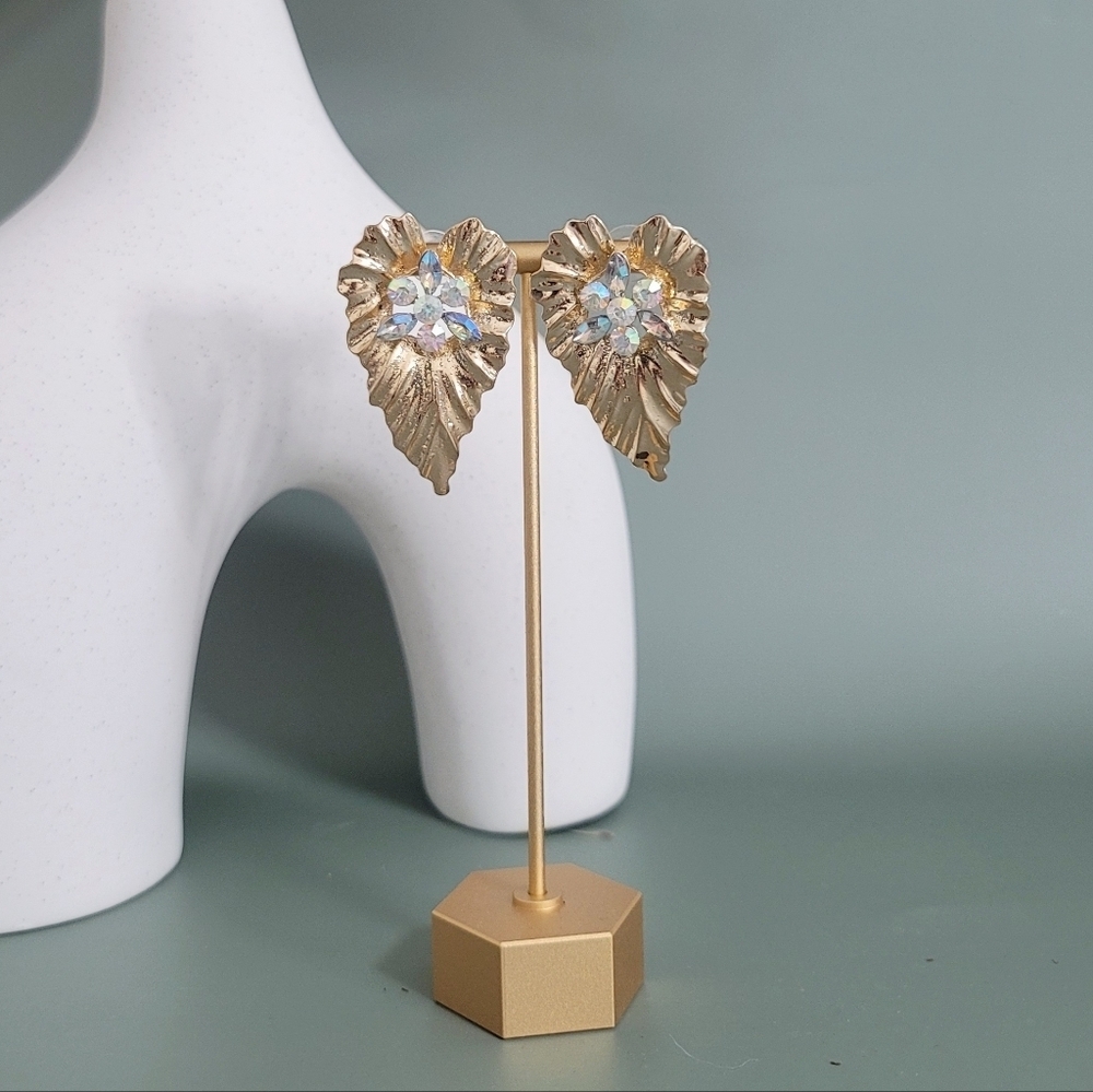 Stainless steel gold tone leaf crystal earrings